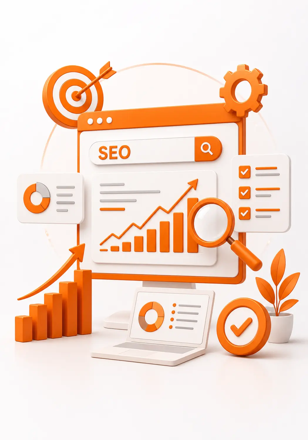 Orange and white 3D infographic illustrating SEO concepts: chart, search bar, magnifying glass, target with arrow, and checklists.
