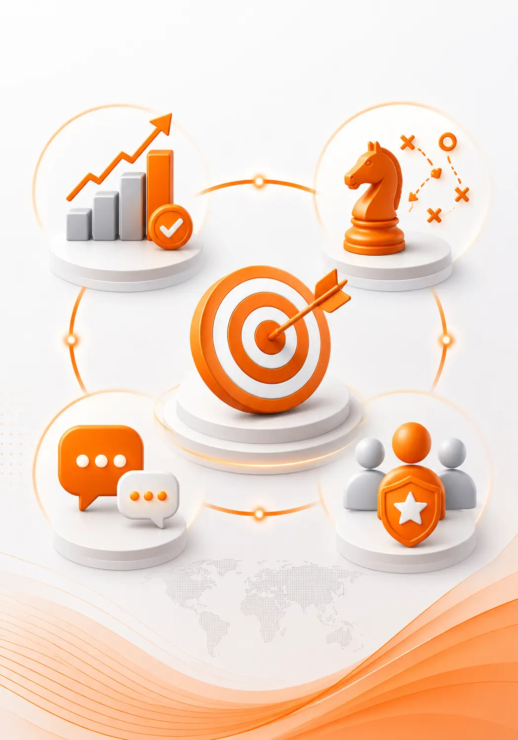 Orange 3D target with an arrow at the center, surrounded by icons for analytics, planning, and teamwork.",